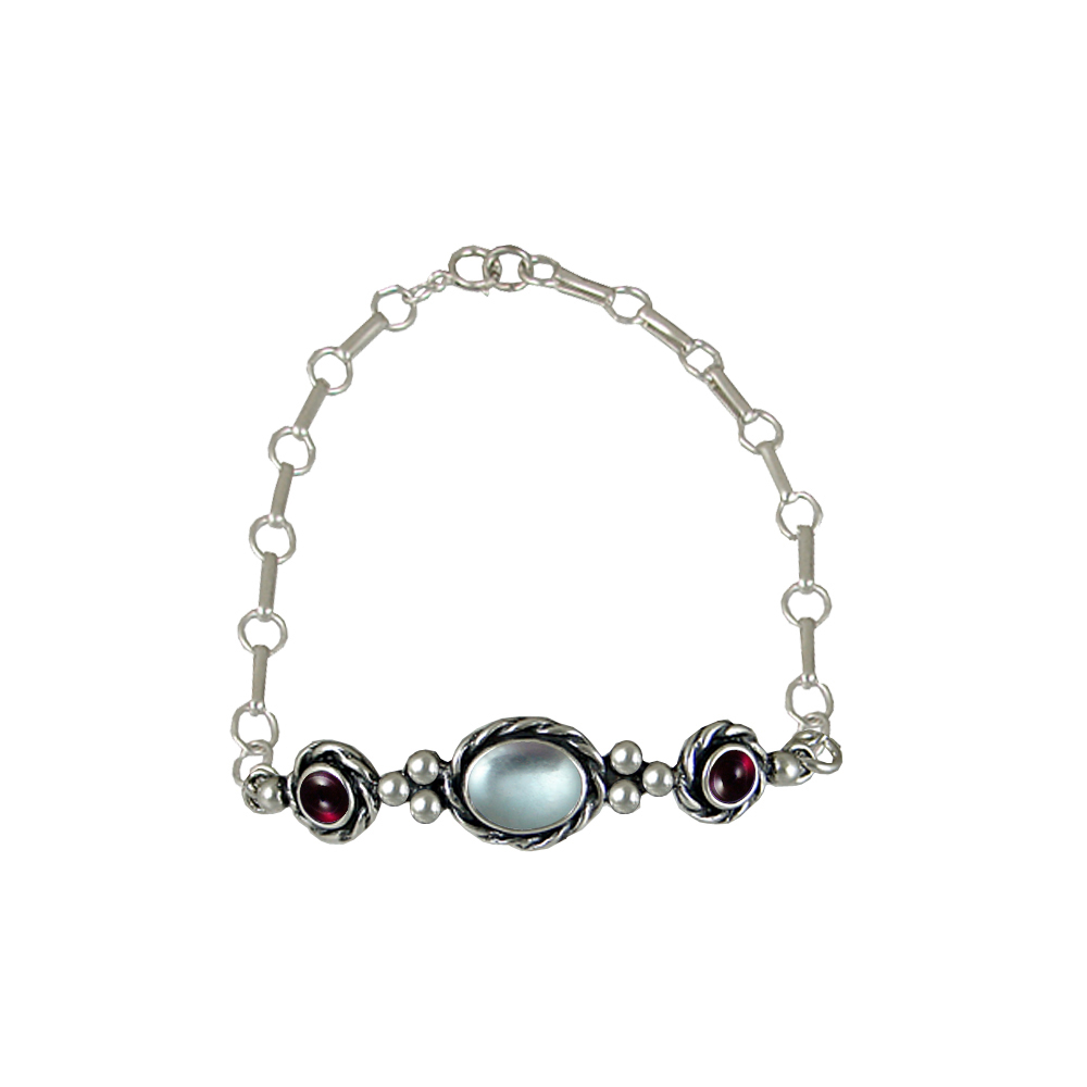 Sterling Silver Gemstone Adjustable Chain Bracelet With Blue Topaz And Garnet